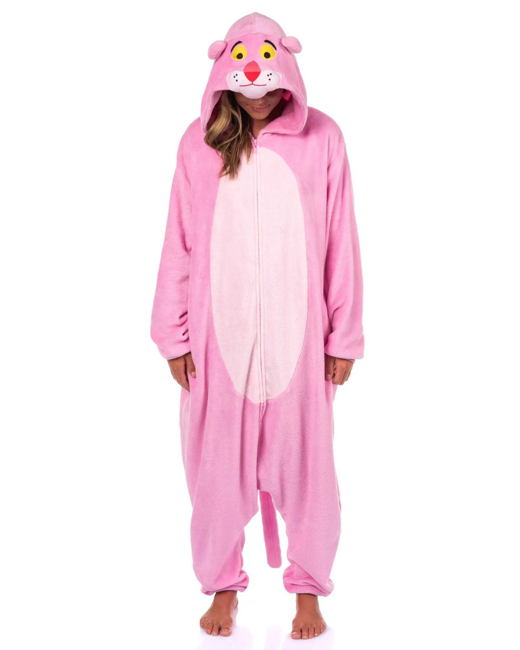 Pink Panther Adult Hooded Kigurumi Onesie - Light, Smooth Polyester-Fleece Sleepwear, Unisex Style Men's Pajama Lounge Union Suit, Fabric, Soft