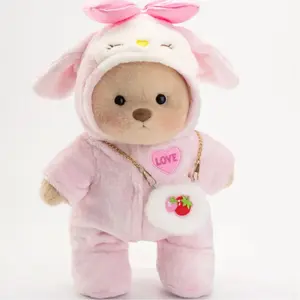 Getahug Love Strawberry Bear Handmade Doitng Teddy Bear Gift Adorable Pink Bunny Costume with Heart Charm Perfect for Any Occasion Teddybear Stuffed Animal Soft Stuffed Animal