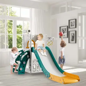 Babytronic Toddler Slide for Kids 1-3, Indoor & Outdoor, Green & Yellow L-Shaped Slide with Basketball Hoop & Telescope