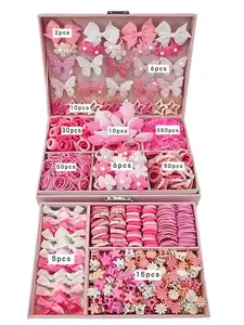 534/535pcs-Girls' Pink Bowknot Hair Clips, Cute Princess Hair Accessories Sets, High Elastic Durable Non-Damaging Hair Ties, Hair Bands, Rabbit Ear Hair Rings, Versatile Duck Clip Barrettes, Suitable For Daily Use