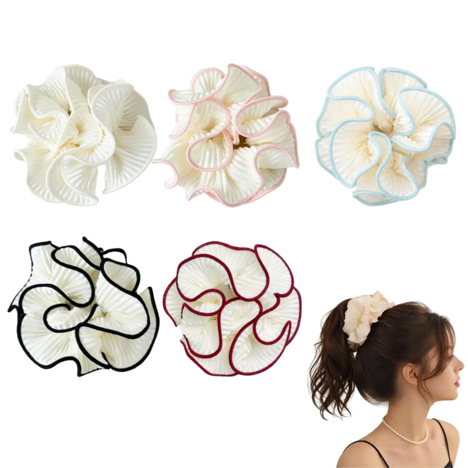 5 Pieces Oversized Puffy Hair Scrunchies, 4.72 Inch Double Layer Pleated Ruffle Design, Multicolor Elastic Jumbo Puffy Hair Scrunchy with Colored Trim for Buns Ponytail Holders for Women