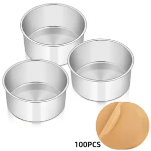 3PCS Round Cake Pans, with 100 Round Parchment Paper, Stainless Steel Round Cake Tins Set for Baking, Metal Circle Layer Tin for Birthday Wedding Party, Dishwasher Oven Safe