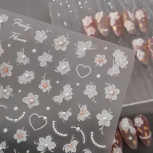 White Petal Nail Art Stickers, Blossom with Pearl Nail Art Decal (460)