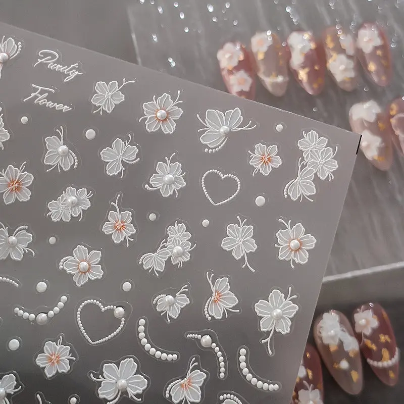 White Petal Nail Art Stickers, Blossom with Pearl Nail Art Decal (460)