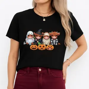 Women's Halloween Cow Graphic T-Shirt - Cute Cows in Costumes Witch Vampire Skeleton - Plus Size Friendly Soft Breathable Tee - Halloween Party Outfit Everyday Fall Casual Wear - Non-See Through Fabric Round Neck Basic Sleeve Womenswear