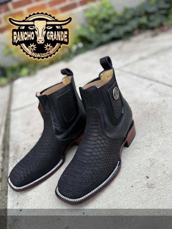 911 Black Pitton  Square Toe Chelsea Ankle Boots  / Botines Botas Horma Rodeo Punta Cuadrada   Pitton