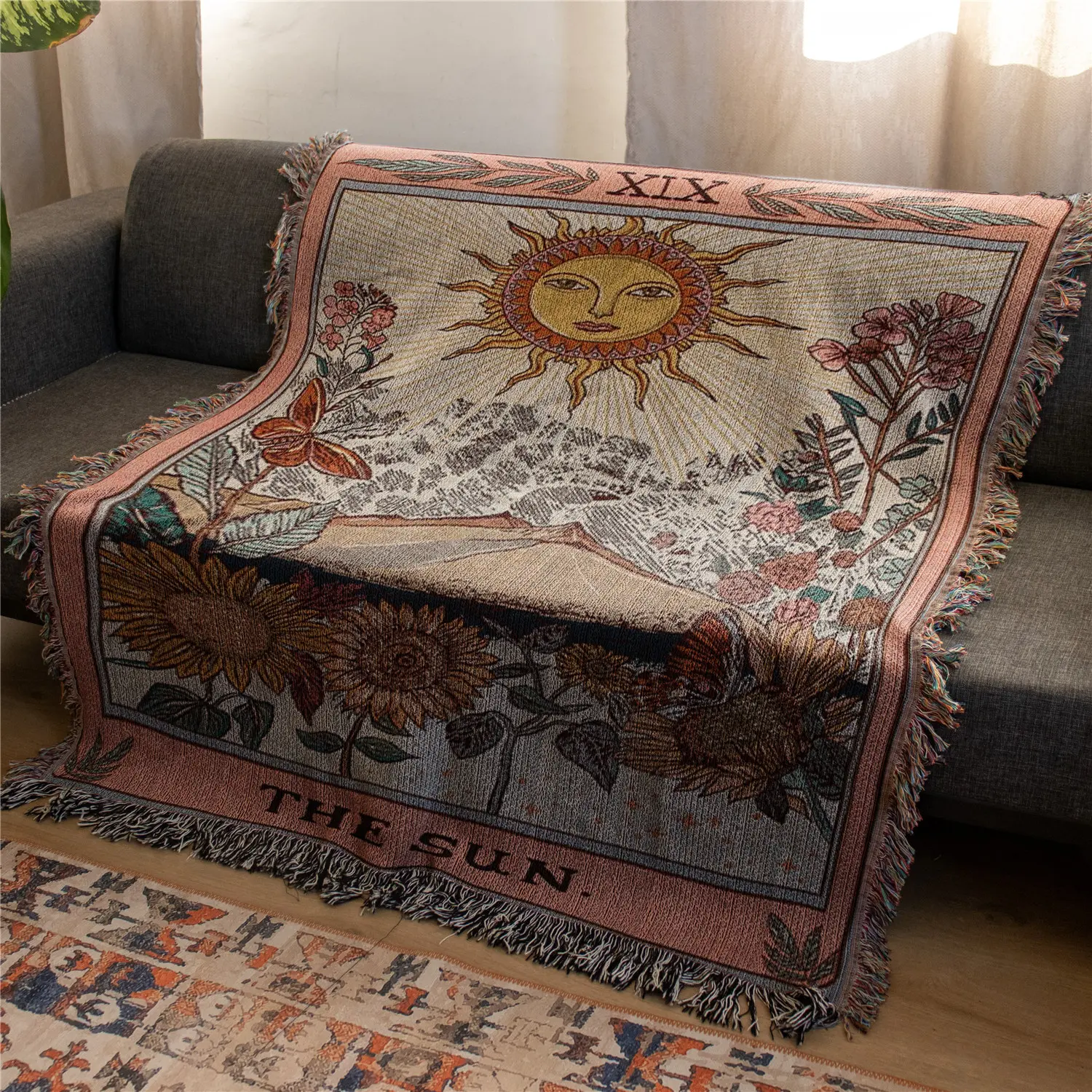 Sun Pattern Bohemian Yarn Jacquard Woven Blanket with Tassel, Thick Soft Washable Blanket, Used for Home Decor Sofa Chair Bed Tapestry Tablecloth Floor Garden Picnic Outdoor Camping, Couch Throw