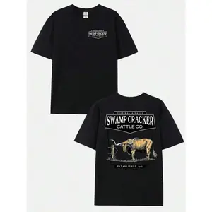 Men's Graphic Tee Vintage Longhorn Cattle Design,Short Sleeve,Black,Casual Style,Original Apparel,Swamp Cracker Cattle Co. Established 1987,Comfortable Cotton Blend.