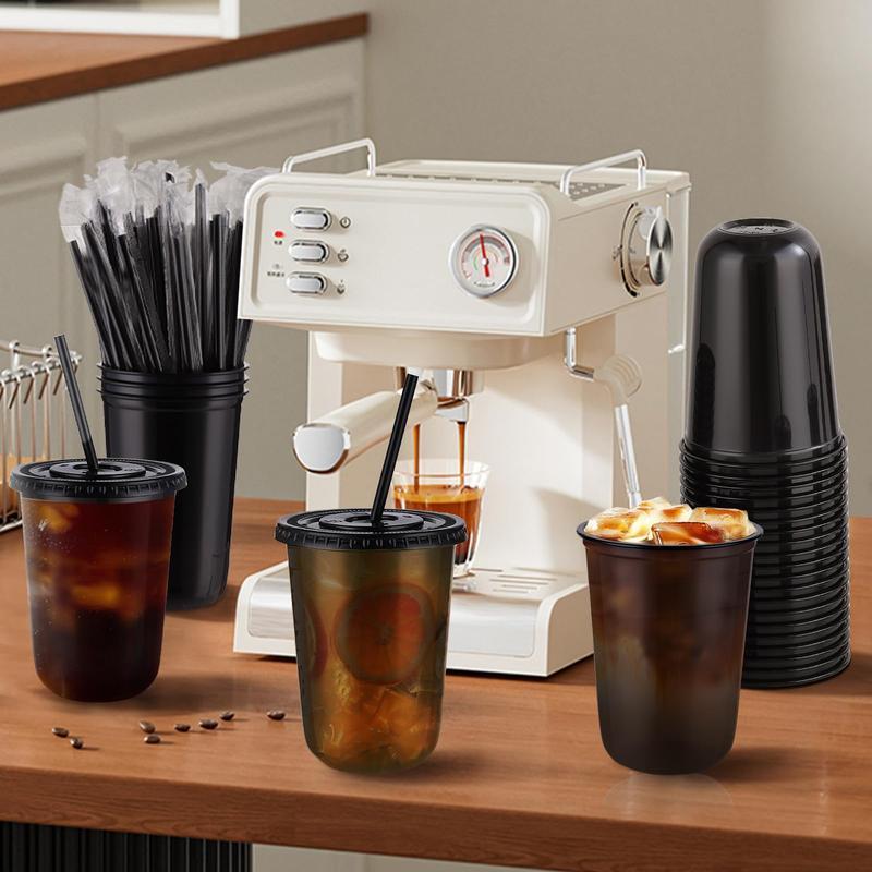 100 Set 16oz（500ml） Black Clear Plastic Cups with Lids & Straws for Iced Coffee Slushie Smoothie Lemonade Party Coffee Shop Supplies Round Bottom To-Go Cups for Cold Drinks
