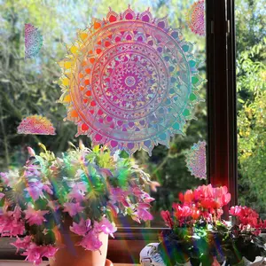 1Pc Rainbow Mandala Electrostatic Film Decorative Sticker, Waterproof, Detachable, Reusable, Electrostatic Adsorption Creative DIY Electrostatic Film Suitable for Balcony Glass, Doors and Windows, Home Decoration, Room Decoration and Other Scenarios