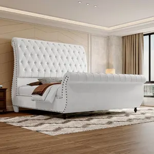AMERLIFE Luxury Bed Frame with Scroll Headboard & Footboard, Modern Velvet Upholstered Platform Sleigh Bed with Button Tufted, No Box Spring Needed/Unique Bedroom Furniture/Best Gift Ideas/Christmas Gifts