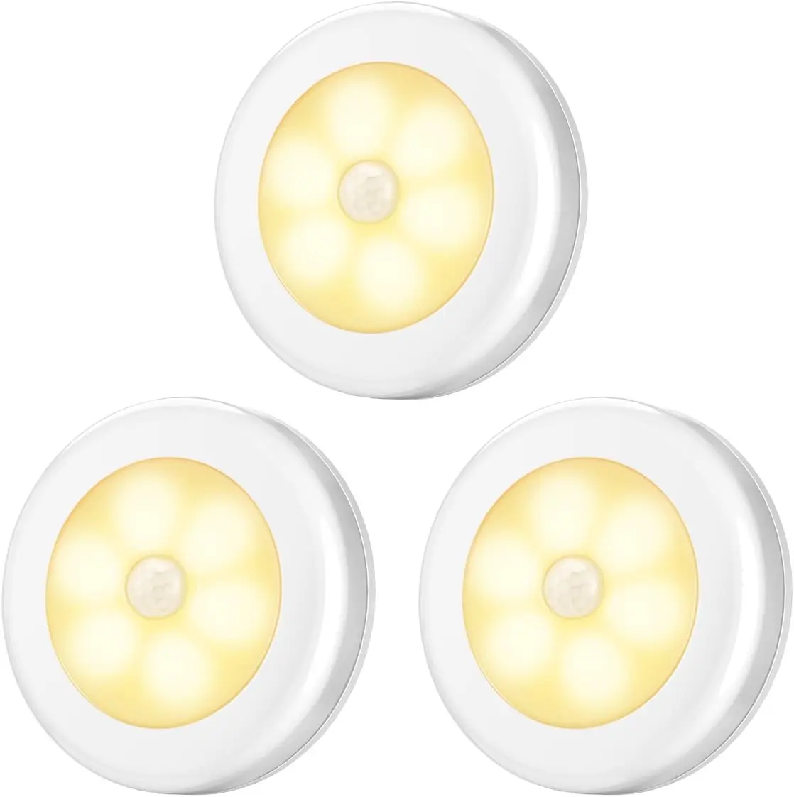 Upgraded 3.15" Cordless Battery-Powered Motion & Light-Sensing LED Tap Lights (Pack of 3) - 0.3W Indoor Warm White Led Lighting for Closet, Stair, Adults - 50000 Hours Lifespan, Alkaline Batteries Included, Stick-On