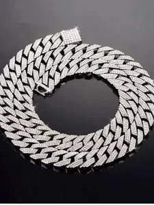 Full Diamond Rhombus Cuban Link Chain Necklace for Men Three-Row Hip-Hop Rock Jewelry Accessory