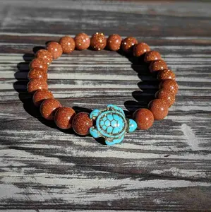 Gold Sandstone Turtle Bracelet – Sparkle & Strength on Stretch Cord