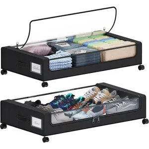 Under Bed Storage with Wheels, XXL 60L Under the Bed Storage Bins, Underbed Storage Containers with Lids & Label, Rolling Metal Drawer for Shoes, Clothes, Books, Toys (2-Pack Black)