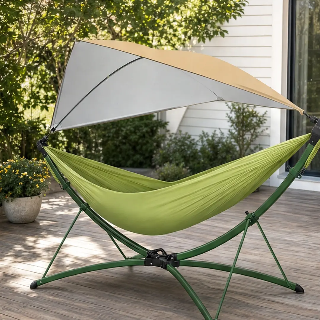Portable Outdoor Adjustable Canopy Hammock with Quick-Fold Stand, Storage Bag, 650 lbs Heavy-Duty Capacity, 110x75 in Double Hammock for Camping, Backyard, Patio, Green/Black & Black/Green Options, Adjustable Canopy Hammocks