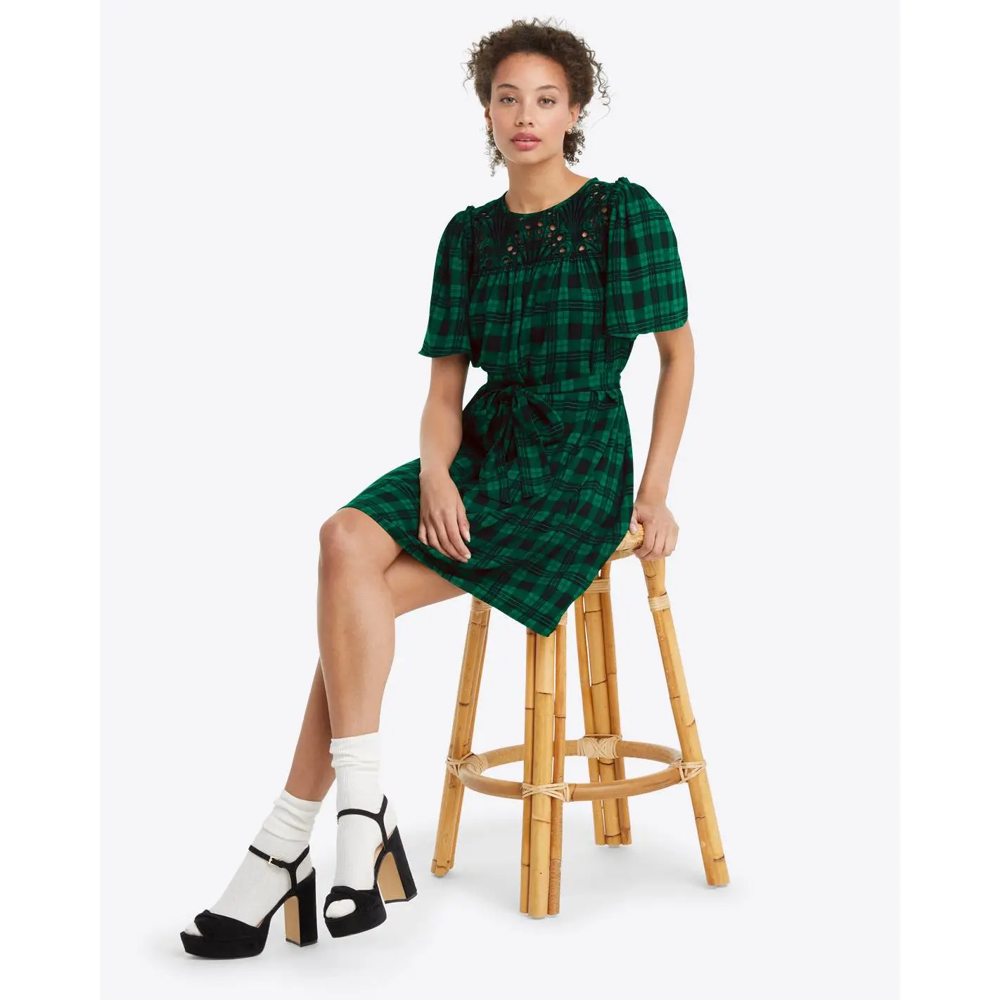 Flutter Sleeve Shift Dress in Blackwatch Plaid