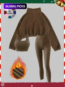 Women's Fleece-Lined Tracksuit Set, Cozy 3-Piece Outfits For Gym, Ideal Valentine'S Gift
