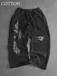 Cotton Fabric Elastic Waist Printed Sweatpants, Gothic Style, Stretchy Casual Streetwear, Vintage Fit, Unisex Spring & Fall Pants, Casual Sporty Trousers