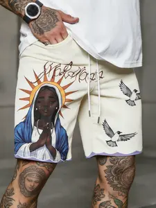Men's Plus Size 2xl-6xl Hip Hop Saint Mary Elastic Print Shorts, Pigeon Gothic Text Casual Bottoms, Comfortable Streetwear Pants