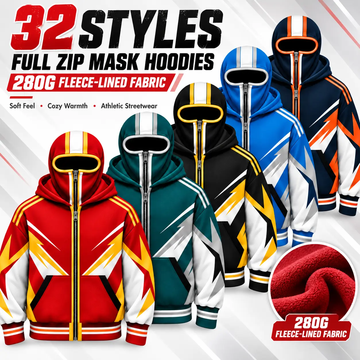 Football Team Styles Full Zip Mask Hoodie, 280G Fleece Lined Zip Up Sweatshirt, American Football Fan Graphic Hoodie, Built In Face Mask Streetwear Jacket, Game Day Outfit for Men Women
