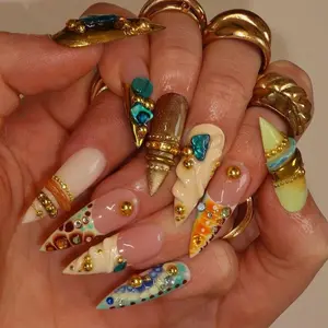 Mismatched Exotic Press on Nails with Gold Jewelry & Turquoise Stone | Fake Nails in Long Stiletto | Maximalist Boho Luxury Art