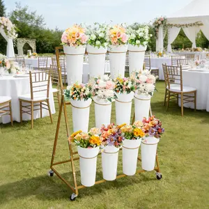 Garvee 3-Tier Gold & White Metal Flower Display Cart with 12 Removable Round Buckets & Lockable Wheels - Mobile Heavy Duty Plant Stand for Garden, Patio, Wedding, Florist Shop, Café Decoration