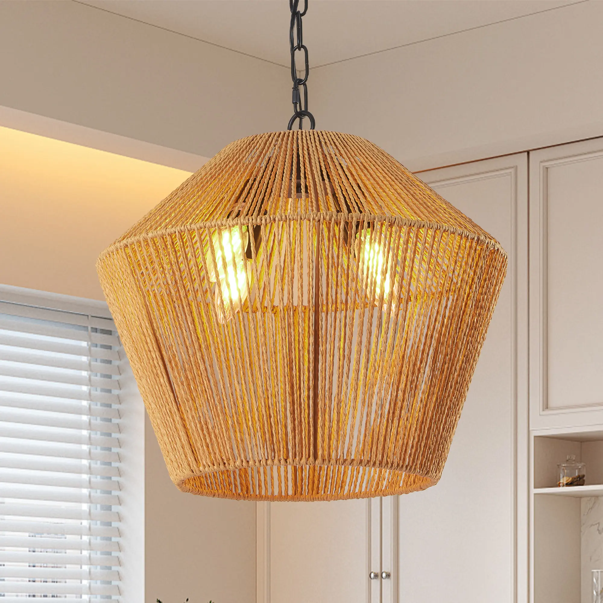 Handcrafted Boho Hemp Rope Pendant Light, E12 Base Single Ceiling Lamp, Adjustable Height 65 Inch Woven Farmhouse Hanging Light Fixture for Dining Room Kitchen Island Living Room Bedroom, Sloped Flat Vaulted Ceiling Compatible, 110V Hardwired