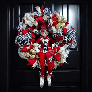 Valentine's Day  Red Front  Door Wreath with Argyle Red and Black Fairy (Free Shipping)