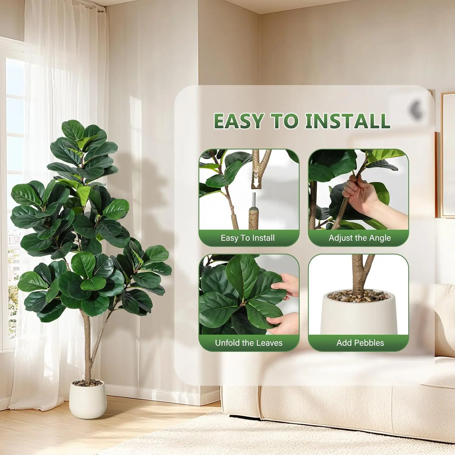 4/5/6/7FT Fiddle Leaf Fig Tree Artificial with 141 Leaves - Realistic Faux Ficus Lyrata Trees in 9" Grey Planter Pot, Indoor Fake Floor Plants for Home Office Living Room Decor, Housewarming Gift