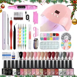 35PCS Professional Nail Art Kit with Nail Lamp & Electric Nail Drill Machine, Nail Files, Brushes, Gel Polish Tools, Nail Tips, Fake Nails, Carving Pen, 5-Petal Flower Decorations — All-in-One Nail Extension & Manicure Set for Salon & DIY Use