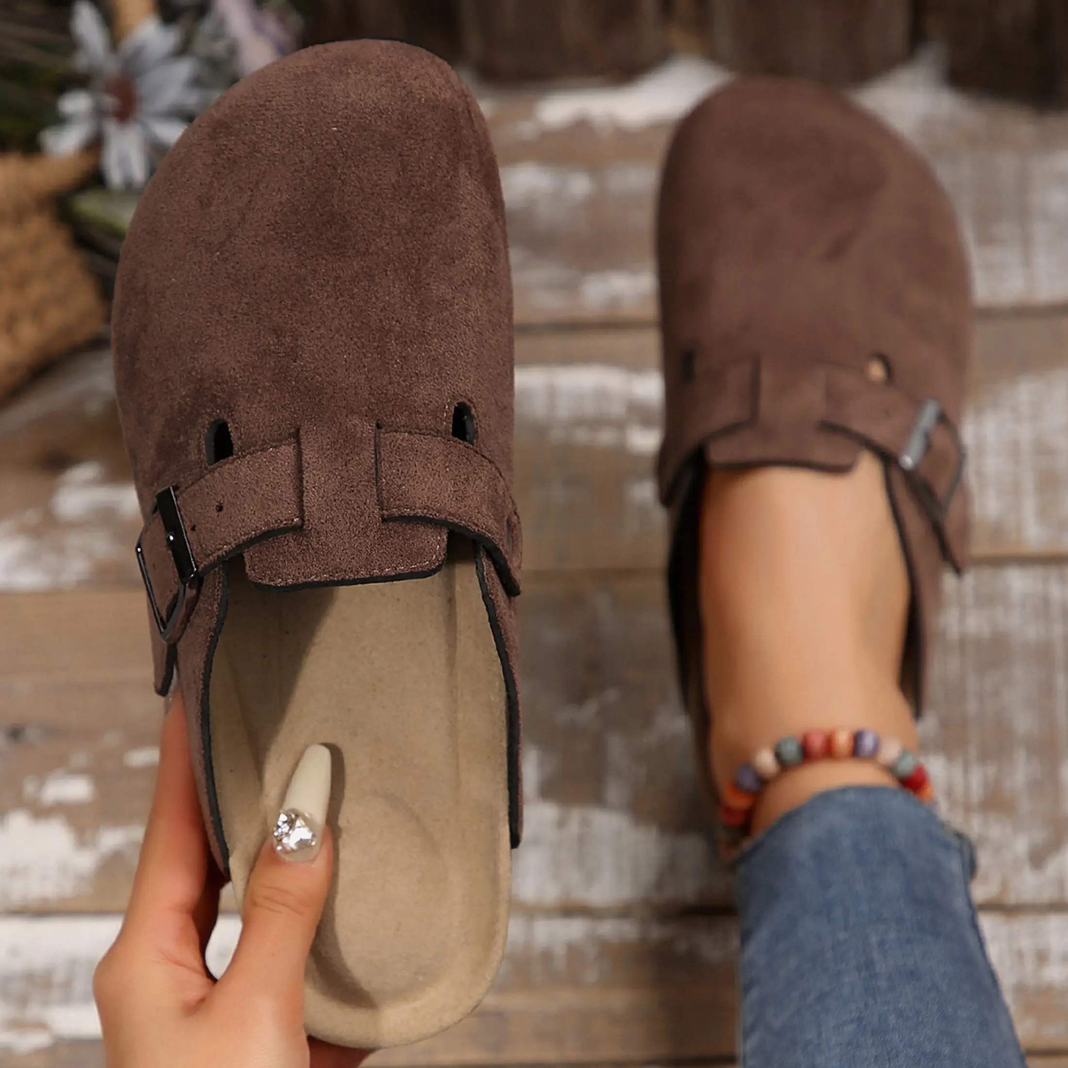 Suede Clogs for Women and Men - Adjustable Buckle Slip-on Cork Footbed Mules with Antislip Sole - Unisex Slippers Brown Springfresh