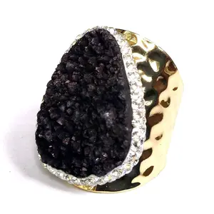 Adjustable Wide Brass Band Black Druzy Agate Cocktail Dinner Ring 51.65 Carats