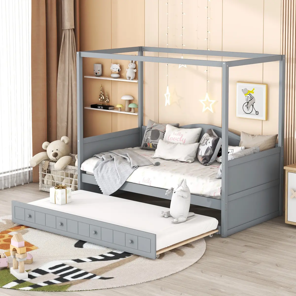Gray Canopy Day Bed with 6-Inch Pull-Out Trundle, Twin Size, 77.6"l x 41.3"w x 66.1"h, 117 lbs Capacity (Old SKU:WF308885AAE)