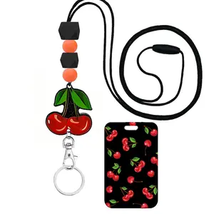 Cherry Teacher Lanyard with ID Key Holder, Cute Silicone Bead Chain, Vertical Card Protector with Badge, for Office, Travel, Shopping, Parties