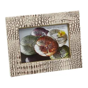 212 MAIN Red Pomegranate Faux Leather Croc-Textured Bisque Photo Frame, 5x7 in, Glass Front, Leaf Accent, Handmade Look Home Decor Piece