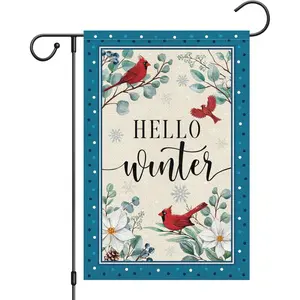 Hello Winter Cardinal Garden Flag 12x18 Inch Double Sided Burlap Christmas Winter Flower Yard Flags for Seasonal Xmas Outside Outdoor Decoration (ONLY FLAG)