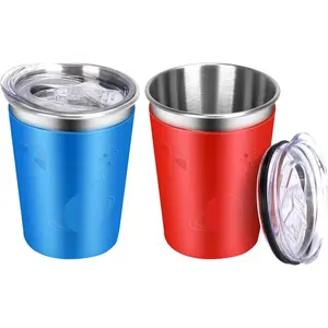 Stainless Cups for Kids, 2 pack Kids Cups with Lids and Cute Sleeves, 12oz No Spill Cups for Toddlers Reusable &