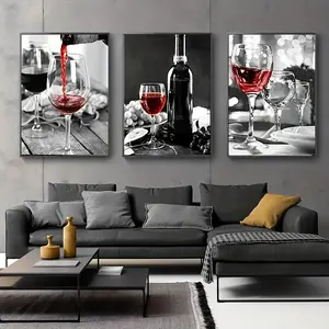 3pcs Set of Frameless Red Wine Bottle Canvas Art Prints for Kitchen & Living Room Decor