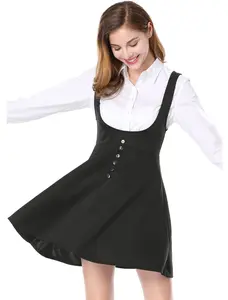 INSPIRE CHIC Cute Overalls Pinafore Button Decor Mini Dress Suspenders Skirt Black