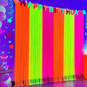Glow in The Dark Party Supplies, Neon Party Decorations Foil Fringe Curtains with Tinsel Backdrop(2-Pack), Fluorescent Yellow/Orange/Pink Streamers for Photo Booth Birthday Decorations-6.6x6.6ft