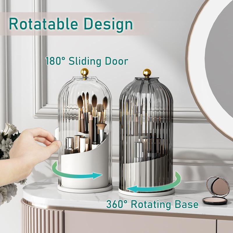 360° Rotating Clear Makeup Brush Holder with Lid, Dustproof Cosmetic Organizer for Vanity & Bathroom Countertop