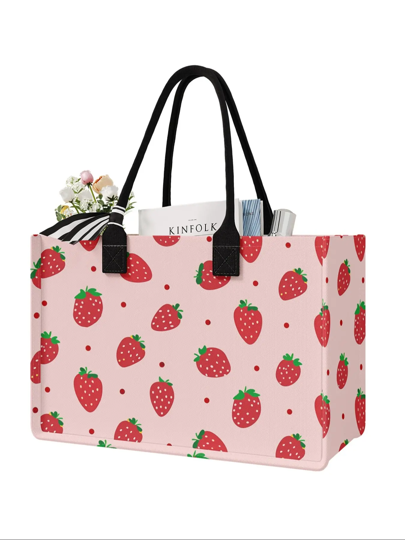 Strawberry Printed Large Capacity Storage Bag, Patterned Bag, Super Size Organizer with Durable Handle, Space Saving Multi-Purpose for School, Travel, Shopping, Strawberry Themed Bag, Reusable Grocery Bag