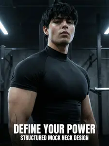 Men's Gym T Shirt, Dry Fit Shirts, Mock Neck Short Sleeve Slim Fit Training Top, High Stretch Polyester Blend Workout Shirt for Intense Training, Strength Workouts, Streetwear Style and Daily Casual Wear, Black