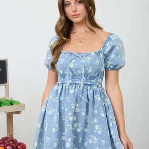 Floral washed denim mini dress