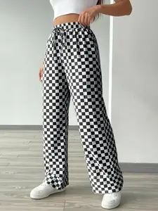 Women's All Over Checkerboard Print Drawstring Waist Straight Leg Pants, Casual Comfy High Waist Trousers for Daily Wear, Ladies Everyday Bottoms for All Seasons, Womenswear