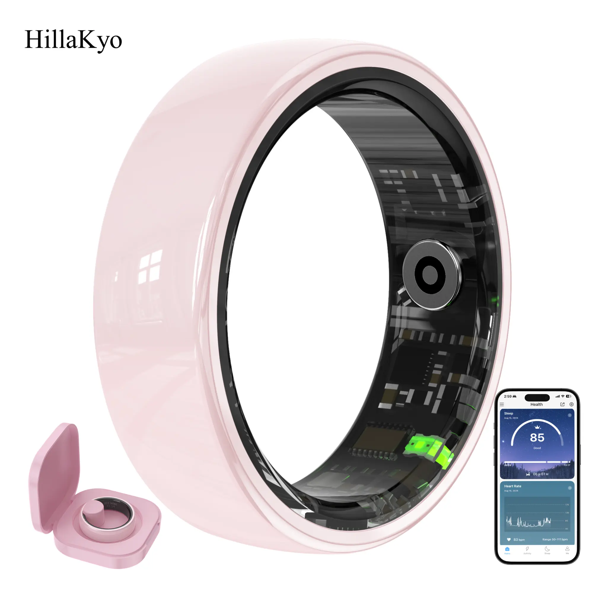 Hillakyo Pink Ceramic Smart Ring for Women, Couple Smart Rings with Wellness Fitness & 24/7 Sleep, Stress/Temperature/HRV/Heart Rate Monitoring, Cycle Insights, Family Care,IP68 Waterproof,Charging Case, No Subscription app , Gift for Her Wearable tracker