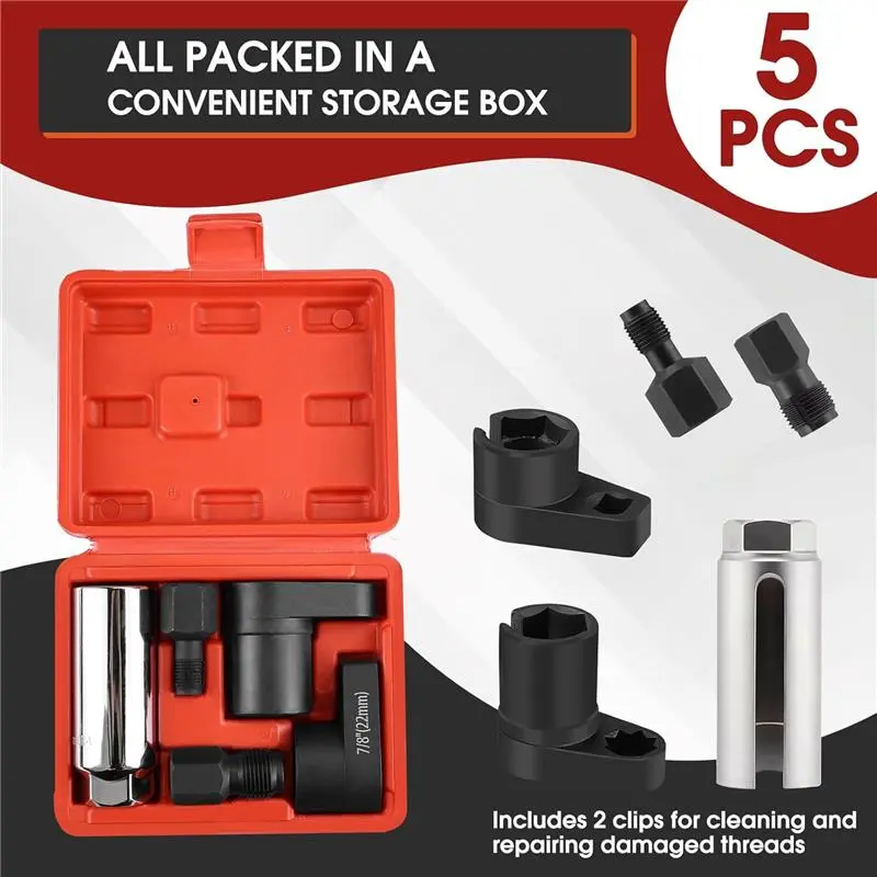 5PCS O2 Oxygen Sensor Socket Set, 3/8 in Drive, 7/8 in (22mm), Premium Removal Tool with Thread Chasers & Offset Wrenches, Heavy-Duty Automotive Kit for Easy Installation & Repair