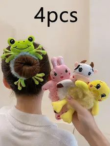 4pcs Cute Plush Animal Hair Ties, Frog Panda Cat Elastic Bands, Women's Hair Clips Accessories, Gift for Her, Fun & Stylish Headwear