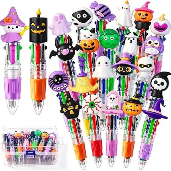 24PCS Cute Theme Retractable Ballpoint Pens, 4-in-1 Fine Tip Multicolor Pens with Pumpkin Ghost Bat Witch Skull Designs, Office Stationery for Party Favors Classroom Rewards